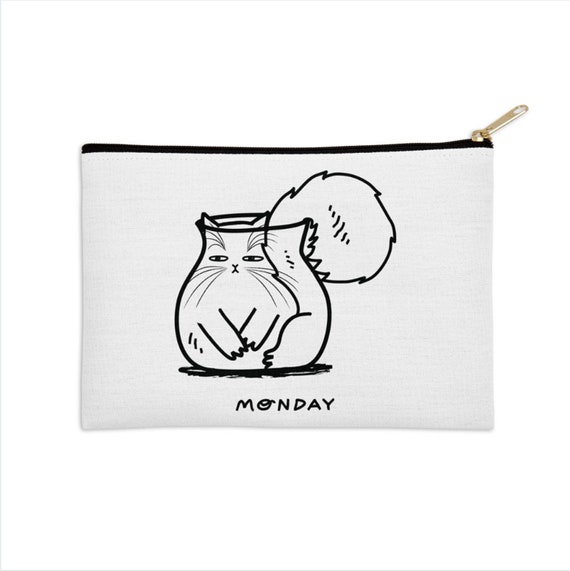 Monday - funny cat zip pouch - black and white pencil case - make up bag - 8.5" x 6" / 12.5" x 8.5" by Oliver Lake iOTA iLLUSTRATiON