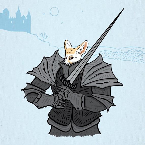 Fennec The Fierce - Cute Fox, Knight, Animal art, wall art, children's art print by Oliver Lake