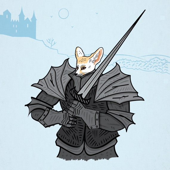 Fennec The Fierce  - Cute Fox, Knight, Animal art, wall art, children's art print by Oliver Lake