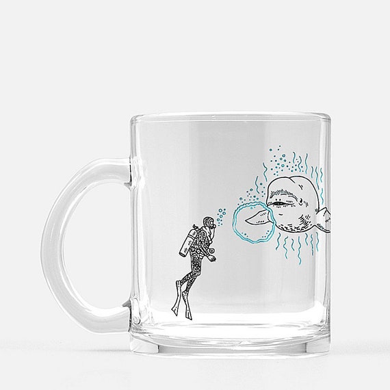 Beluga Says Hi, glass mug, whale mug, animal design, illustrated mug by Oliver Lake