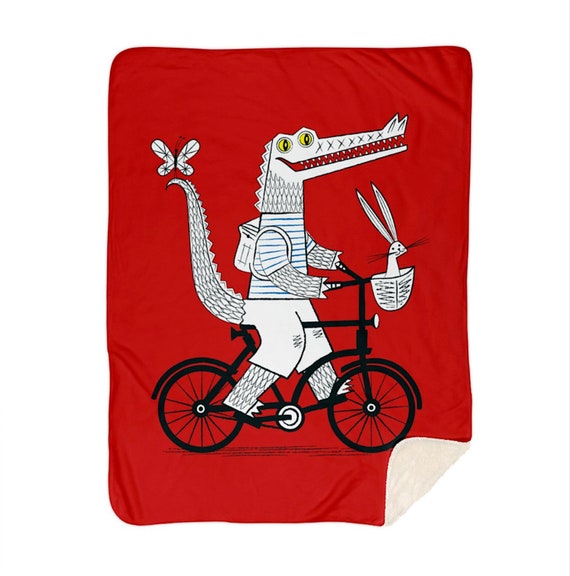 The Crococycle - red children's sherpa blanket - children's room decor - nursery decor - 60" x 80" by Oliver Lake iOTA iLLUSTRATiON