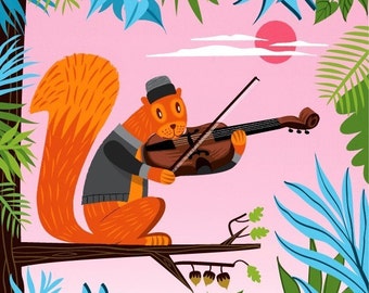 Red Squirrel Serenade -  Animal Art - Limited Edition Print - iOTA iLLUSTRATION