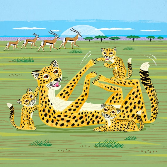 Cheetahs and Gazelles, Animal illustration, children's art, Nursery art, Nursery Decor by Oliver Lake