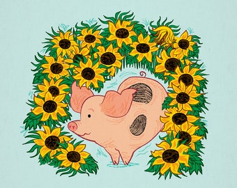 Sunflower, pig and sunflowers,  children's animal art print by Oliver Lake