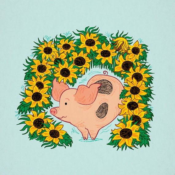 Sunflower, pig and sunflowers, children's animal art print by Oliver Lake