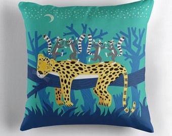 The Leopard and The Lemurs - throw pillow cover - nursery decor -  decorative cushion by Oliver Lake iOTA iLLUSTRATiON