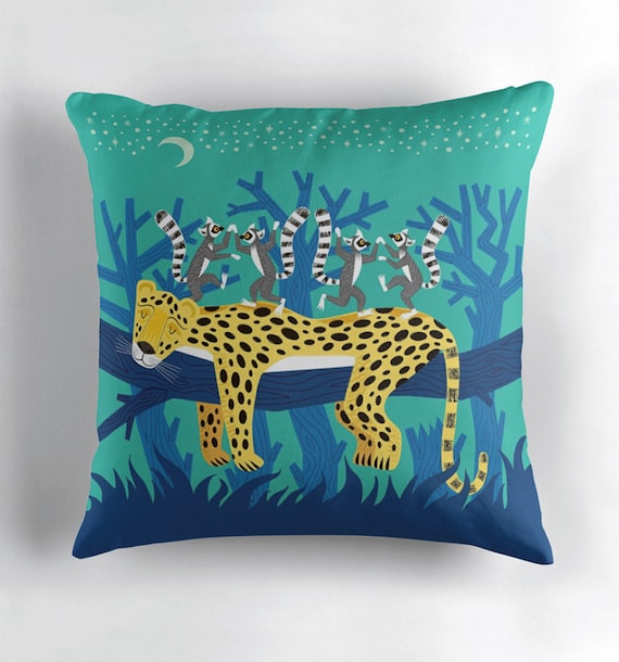 The Leopard and The Lemurs - throw pillow cover including insert - nursery decor - by Oliver Lake