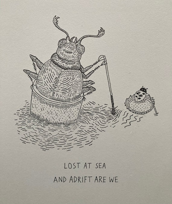 Lost At Sea, Original Drawing, hand drawn art, Insects at Sea, Pen and Ink, by Oliver Lake 1 of 5