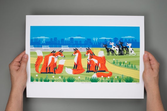 Foxes and Hounds - Nature / Wildlife - Childrens Art - Animal Art - Kids Art - Limited Edition Art Poster Print by Oliver Lake