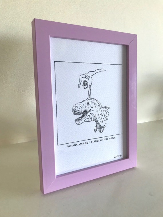 Tatiana and the T-Rex, original Drawing, comic, surreal, funny art, framed drawing, lilac frame, 1 of 10 by Oliver Lake, Christmas Gift