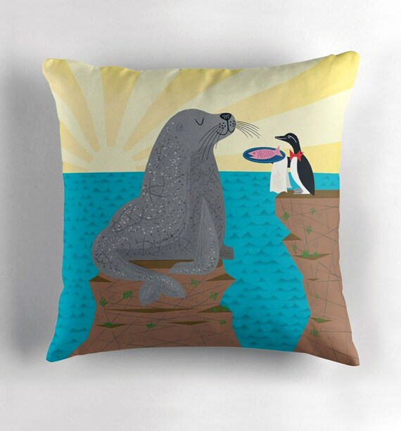 Sealed With A Fish - Children's Decor - kids Room - illustrated Cushion / Throw Pillow Cover (16" x 16") by Oliver Lake