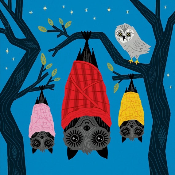 Bats in Blankets - Children's Animal Art Poster - Bat and Owl art print by Oliver Lake - iOTA iLLUSTRATiON