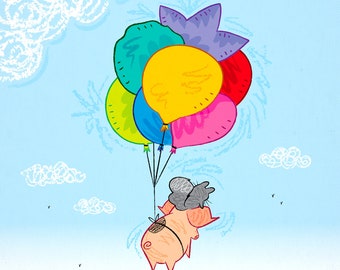 Up and Away - animal art print - pig and chinchilla - by Oliver Lake - iOTA iLLUSTRATiON