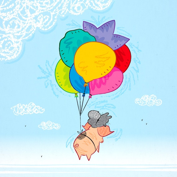 Up and Away - animal art print - pig and chinchilla - by Oliver Lake - iOTA iLLUSTRATiON