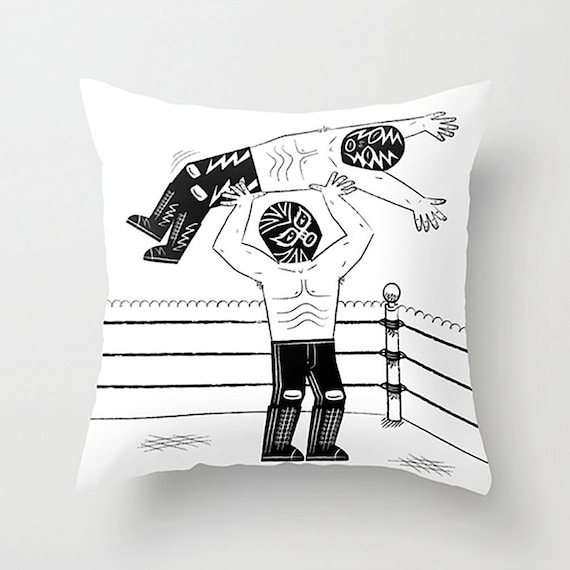 Lucha Libre - Mexican Wrestling - Black and White Cushion Cover / Throw Pillow (16" x 16") by Oliver Lake