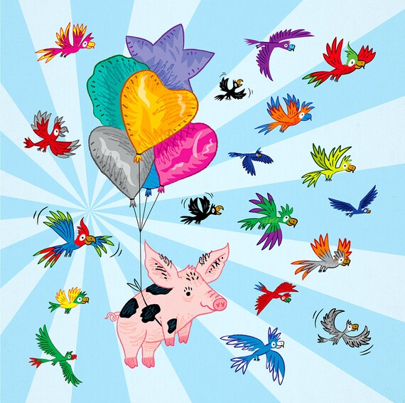 The Pig and The Parrots - art poster print by Oliver Lake - iOTA iLLUSTRATiON