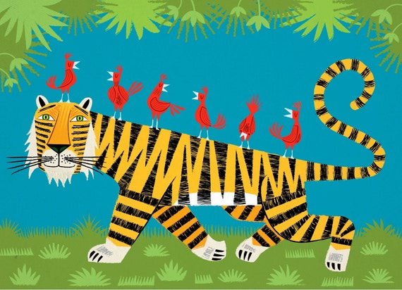 Tiger Transportation - Nature / Wildlife - Childrens Art - Animal Art -  Kids Art - Limited Edition Art Poster Print by Oliver Lake