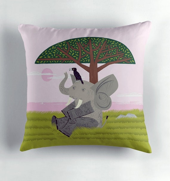 The Elephant and The Eagle, children's decor, Cushion cover, Throw Pillow cover including insert by Oliver Lake