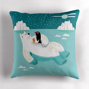 Hitching a Ride, Polar Bear and Penguin, Children's / Nursery decor, Throw Pillow, Cushion Cover including insert by Oliver Lake