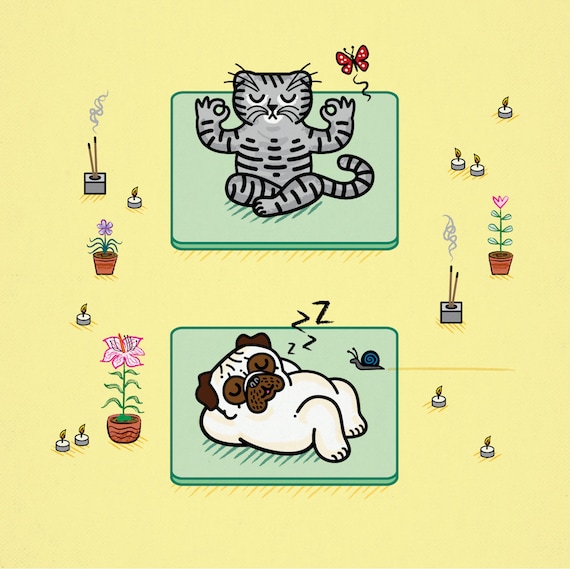 Yoga Poses - Pug and Cat - Limited Edition - signed - children's art poster print by Oliver Lake