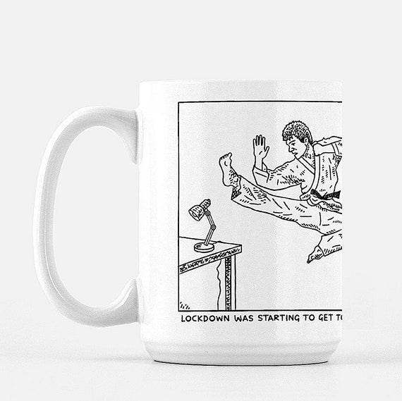 Hugh's Lockdown, deluxe ceramic mug, large size mug, 15 Oz, funny design, illustrated mug by Oliver Lake