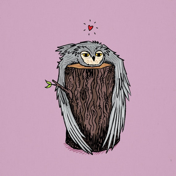 Log Hug, owl and log, Animal Art Poster Print by Oliver Lake