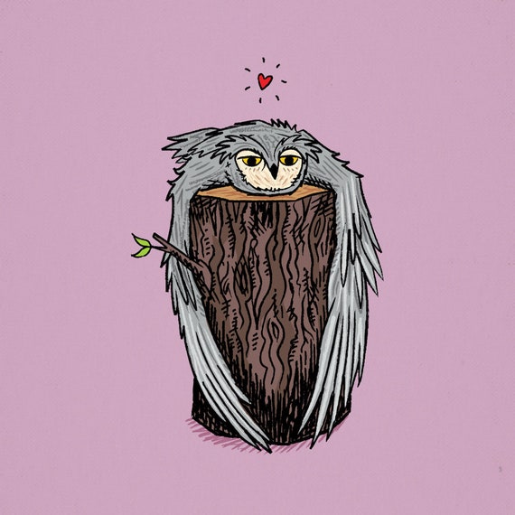 Log Hug, owl and log, Animal Art Poster Print by Oliver Lake