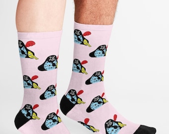Pirate Kitty Socks - Cat Socks - Unisex Socks - Light Pink Socks - Illustrated Socks - Stylish Socks By Oliver Lake