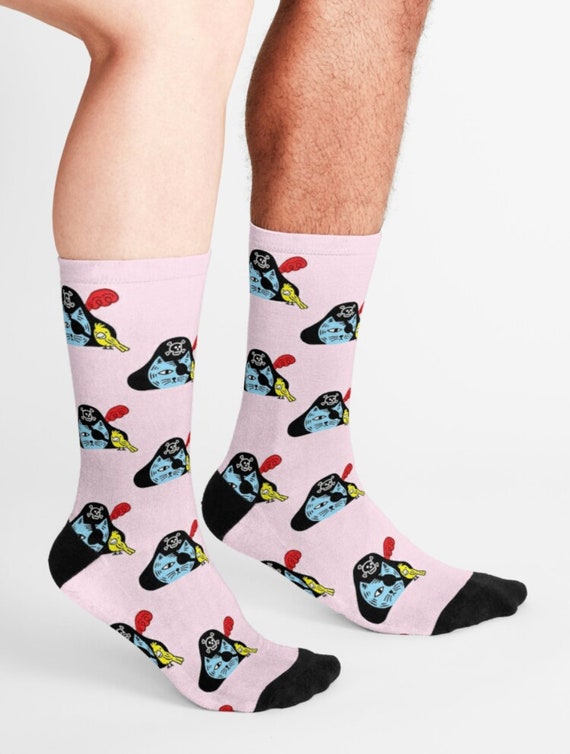 Pirate Kitty Socks - Cat Socks - Unisex Socks - Light Pink Socks - Illustrated Socks - Stylish Socks By Oliver Lake