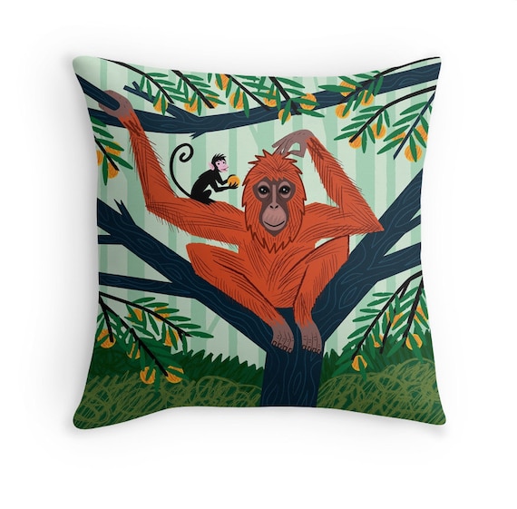 The Orangutan in The Orange Trees - Children's illustrated Cushion Cover / Throw Pillow Cover - Animal Art - (16" x 16") by Oliver Lake
