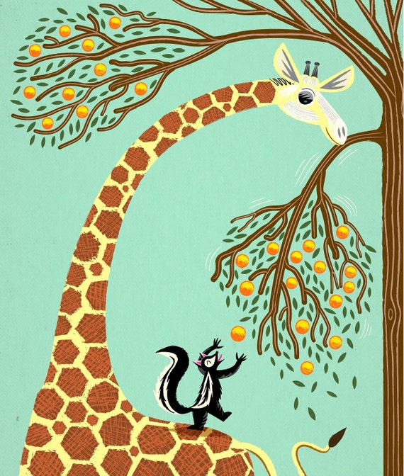 Lending A Neck - Giraffe and Skunk - Children's Wall Art / Decor - Animal Art - Limited Edition Print - iOTA iLLUSTRATION