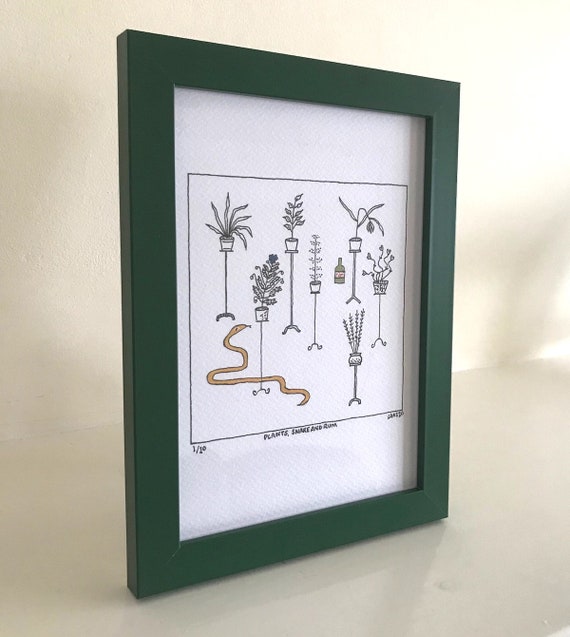 Plants, Snake and Rum, original drawing and hand written poem, funny poetry, framed drawing, green frame, 1 of 10 by Oliver Lake