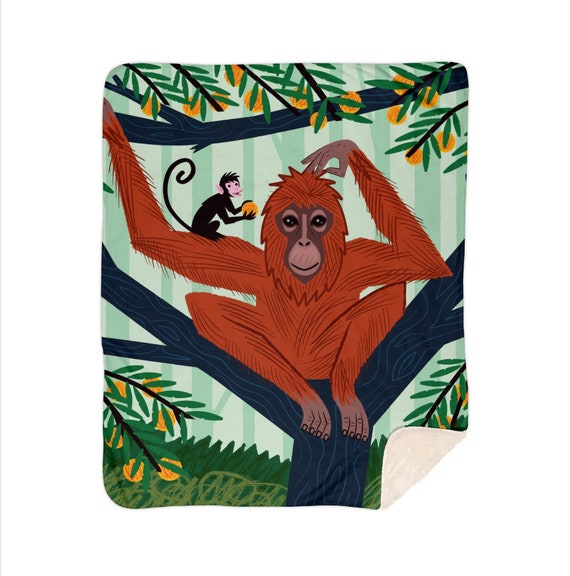 The Orangutan in The Orange Trees, children's sherpa blanket - 60" x 80" / 50" x 60" by Oliver Lake