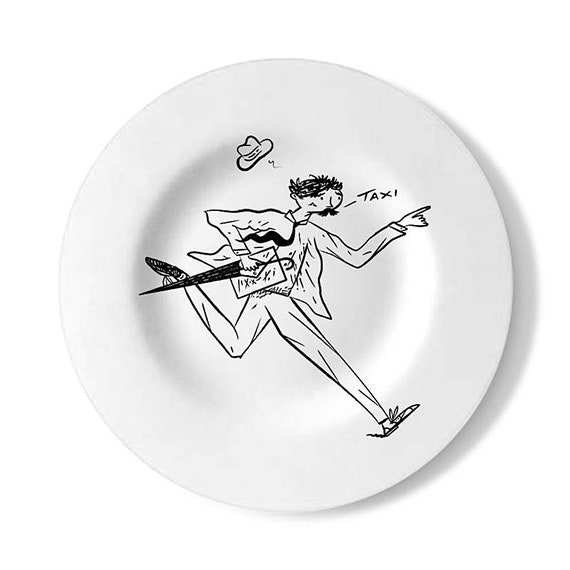 Running Late, decorative wall plate, handmade black and white illustrated plate, by Oliver Lake