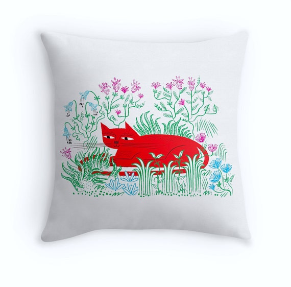 The Garden Cat - Throw Pillow / Cushion Cover - Kids art - Nursery Decor - (16" x 16") by Oliver Lake