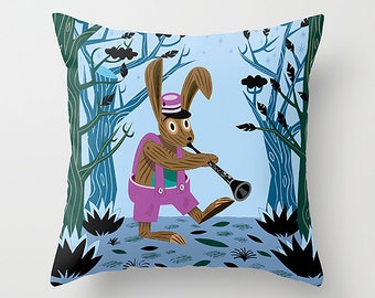 The Clarinet Bunny - rabbit in the woods - Children's Throw Pillow / Cushion Cover (16" x 16") by Oliver Lake - iOTA iLLUSTRATION