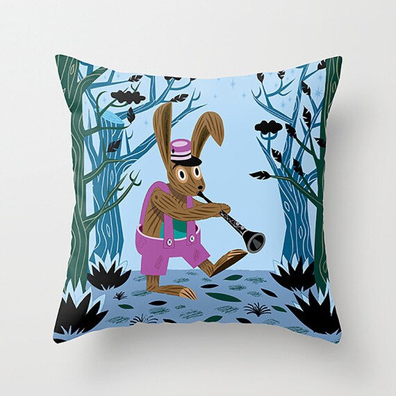 The Clarinet Bunny - rabbit in the woods - Children's Throw Pillow / Cushion Cover (16" x 16") by Oliver Lake - iOTA iLLUSTRATION