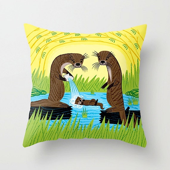 An Otter's Paradise - illustrated children's - Throw Cushion / Throw Pillow Cover (16" x 16") by Oliver Lake