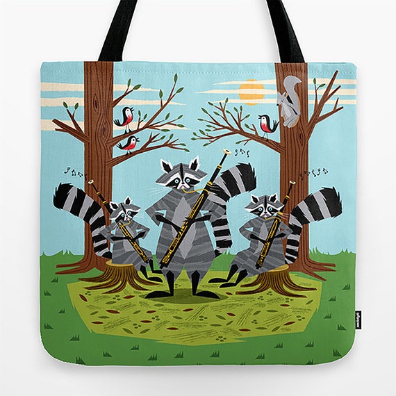 Raccoons Playing Bassoons - 18" x 18" - illustrated Tote Bag - iOTA iLLUSTRATiON