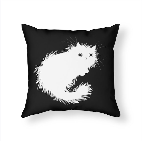 Moggy (No.2) - White on Black - Throw Pillow / Cushion Cover including insert by Oliver Lake / iOTA iLLUSTRATION