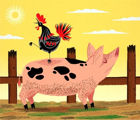 The Pig and The Rooster, Animal Art, Children's Art, Children's decor, Nursery Decor,  Limited Edition Print by Oliver Lake