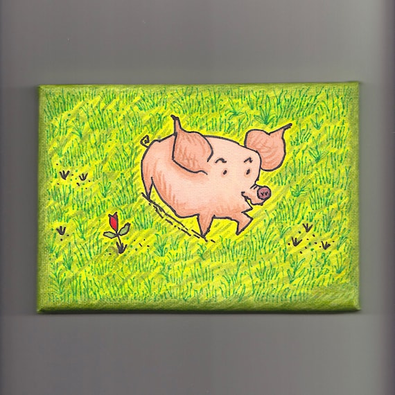 Sunflower, children's painting, mixed media, pig art, on stretched canvas, size 5" x 7" by Oliver Lake