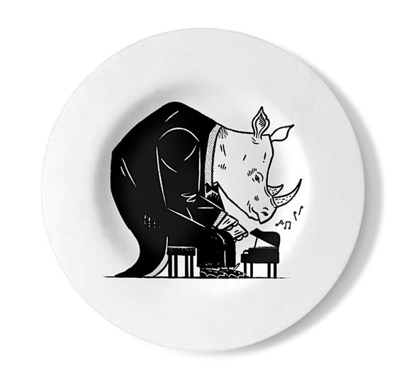 Rhinoceros Rhapsody, decorative wall plate, handmade rhino playing piano plate, by Oliver Lake