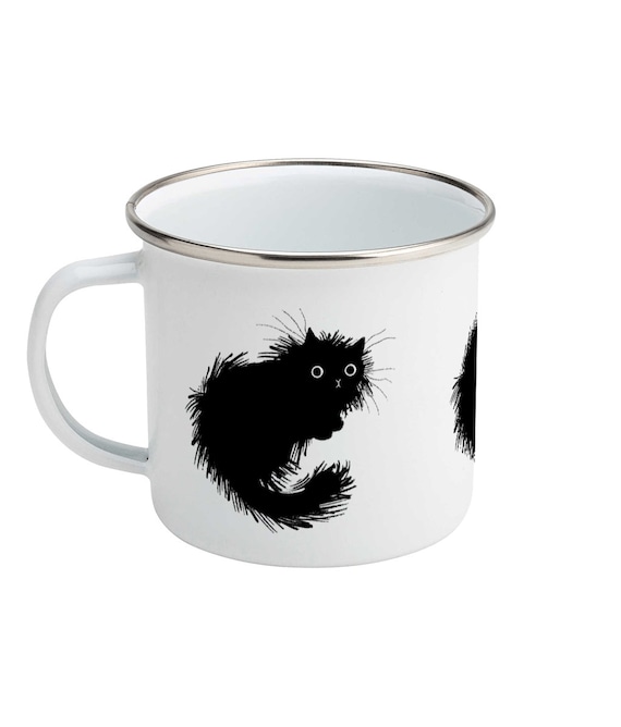 Moggy (No.2), Black cat, Enamel Camping Mug, Kitten Design, Illustrated Mug by Oliver Lake