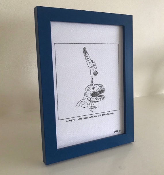 Dimitri and the Dinosaur, original, surreal Drawing, comic, funny portrait, framed drawing, blue frame, 1 of 10 by Oliver Lake