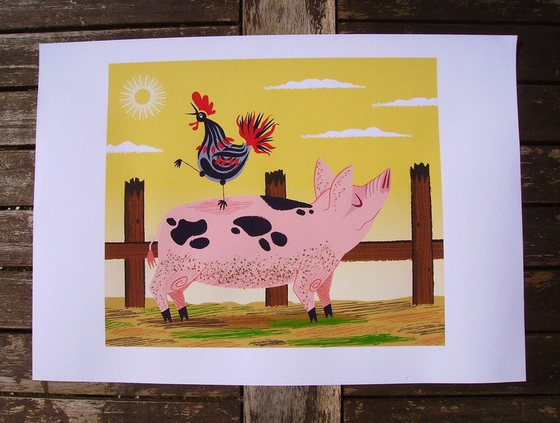The Pig and The Rooster, Animal Art, Children's Art, Children's decor, Nursery Decor, Limited Edition Print by Oliver Lake image 2