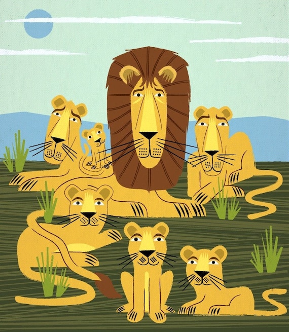 The Laid Back Lions - Animal Design - Wall Art - Children's Decor - Limited Edition Art Poster Print by Oliver Lake