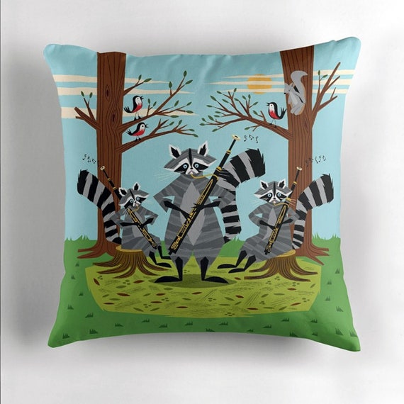 Raccoons Playing Bassoons, cushion cover, throw pillow cover including insert, children's room decor, by Oliver Lake
