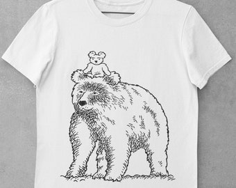 Teddy and The Bear, Unisex funny T-shirt / Tee, Extra Soft, Crewneck, Black and White iOTA iLLUSTRATiON