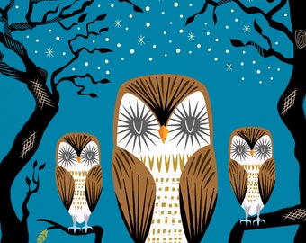 Three Lazy Owls - Animal Art Poster Print by Oliver Lake - iOTA iLLUSTRATiON